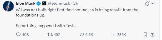 M马斯克回应xAI高层变动：正从基础开始重新构建