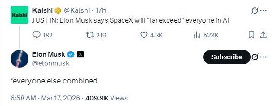 M马斯克称SpaceX在人工智能领域将超过所有其他公司总和