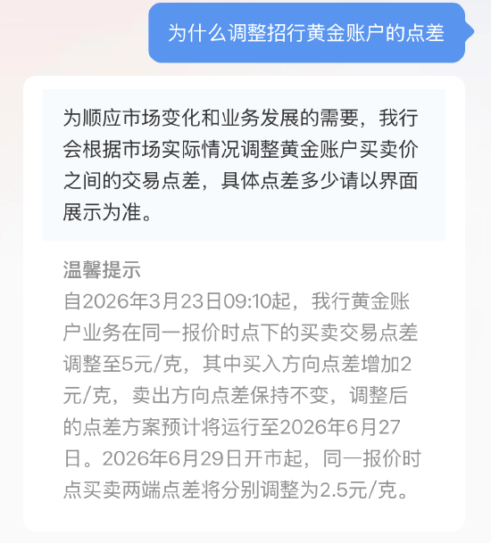 M招商银行：为顺应市场变化和业务发展的需要 会根据市场实际情况调整黄金账户买卖价之间的交易点差