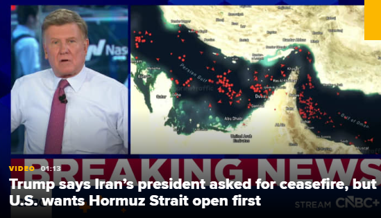 M特朗普称伊朗总统已请求停火，但美方要求先开放霍尔木兹海峡